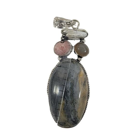 Handmade Silver Pendant with Picasso Jasper, Moonstone, Druzy & Pearl Accents - Picture 3 of 10